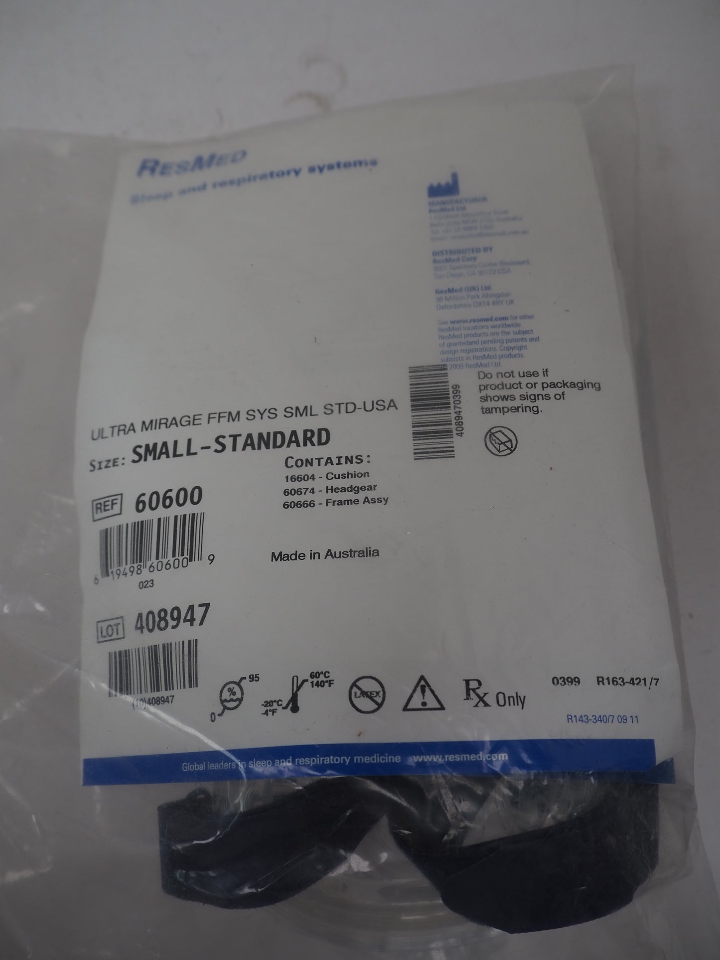 ResMed 60600 Ultra Mirage FFM SYS Small Standard STD-USA CPAP Mask with Headgear - New