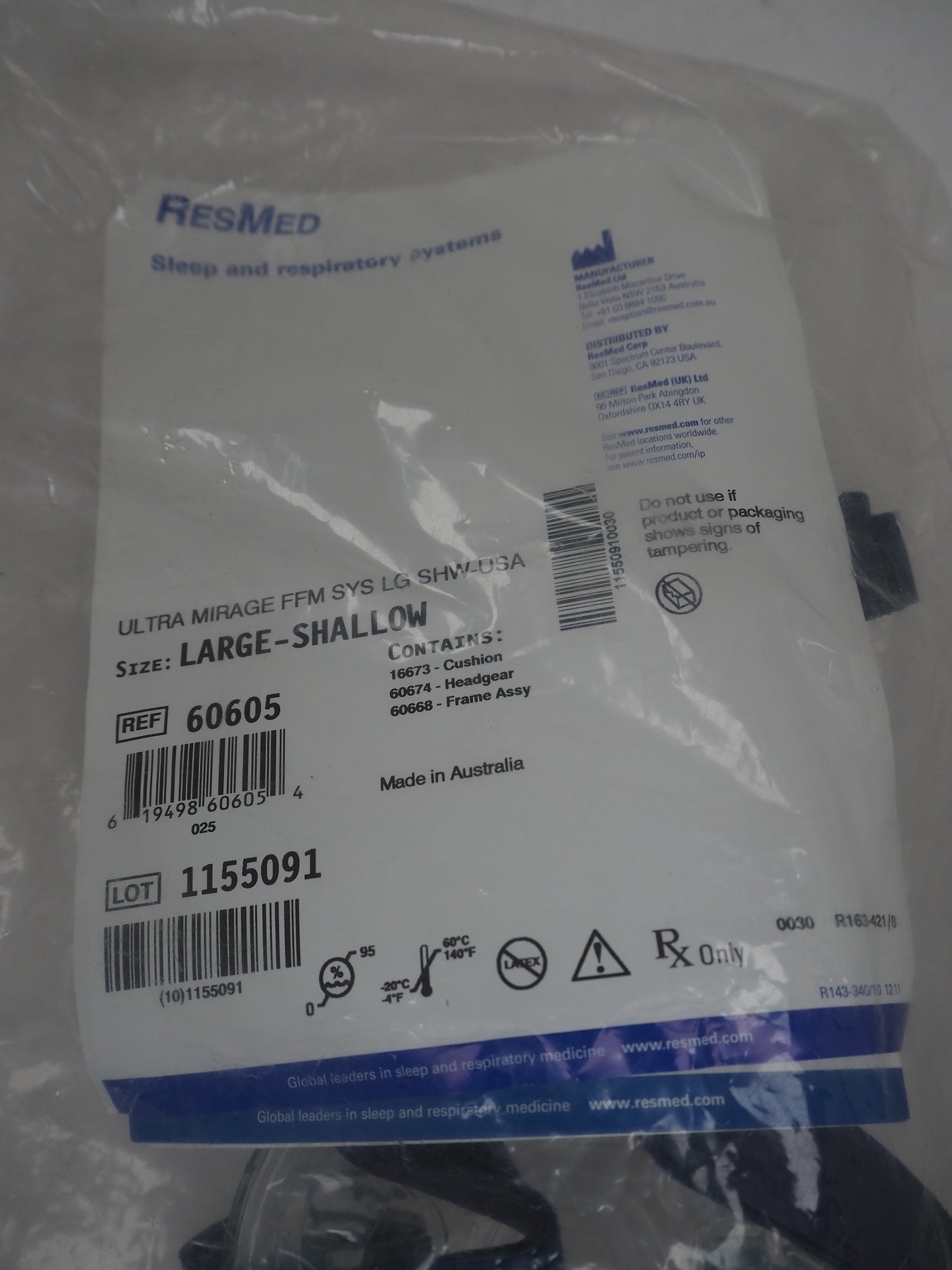 ResMed 60605 Ultra Mirage FFM SYS Large Shallow SHW-USA CPAP Mask with Headgear - New