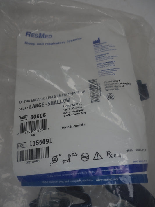ResMed 60605 Ultra Mirage FFM SYS Large Shallow SHW-USA CPAP Mask with Headgear - New