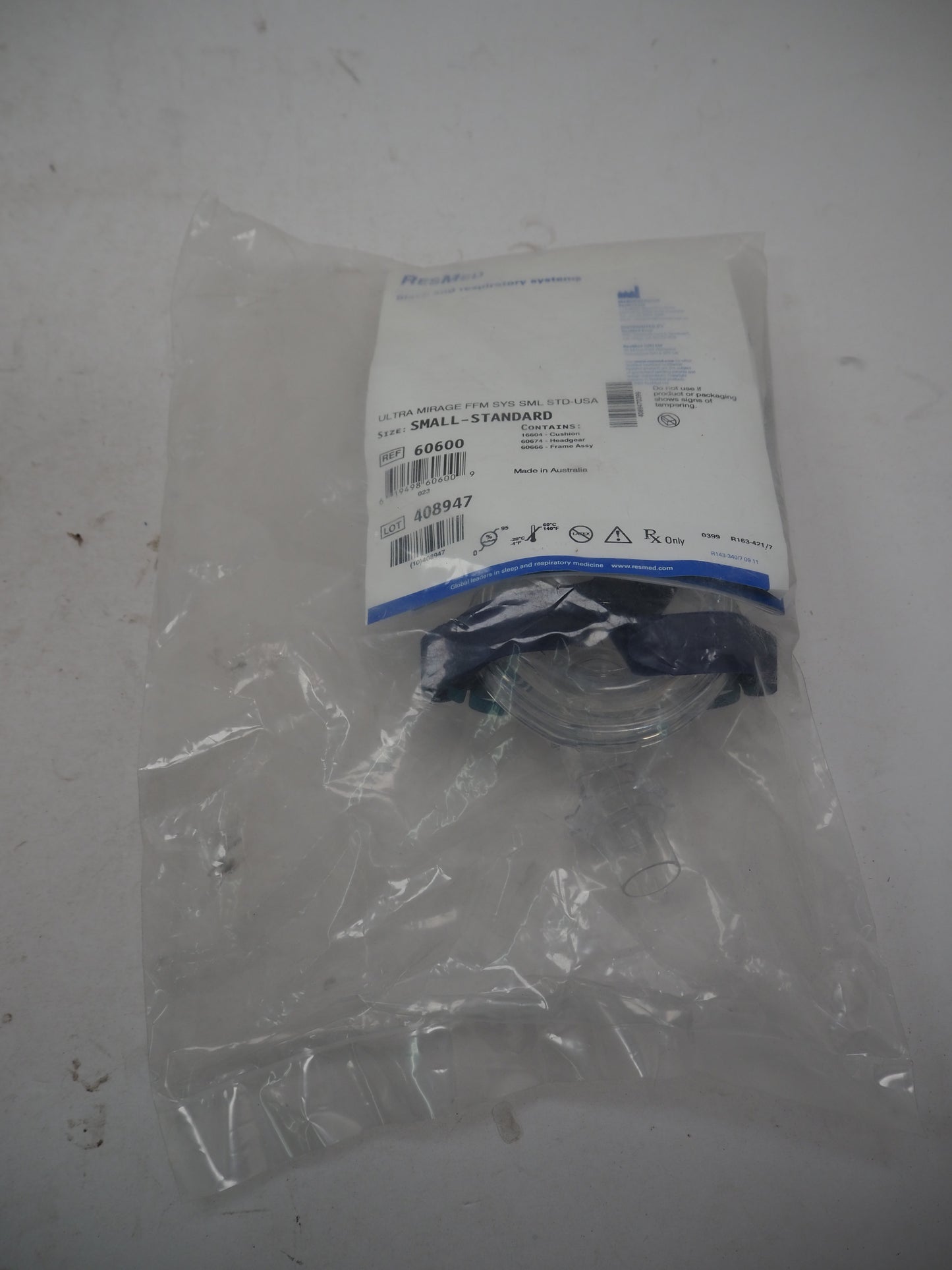 ResMed 60600 Ultra Mirage FFM SYS Small Standard STD-USA CPAP Mask with Headgear - New