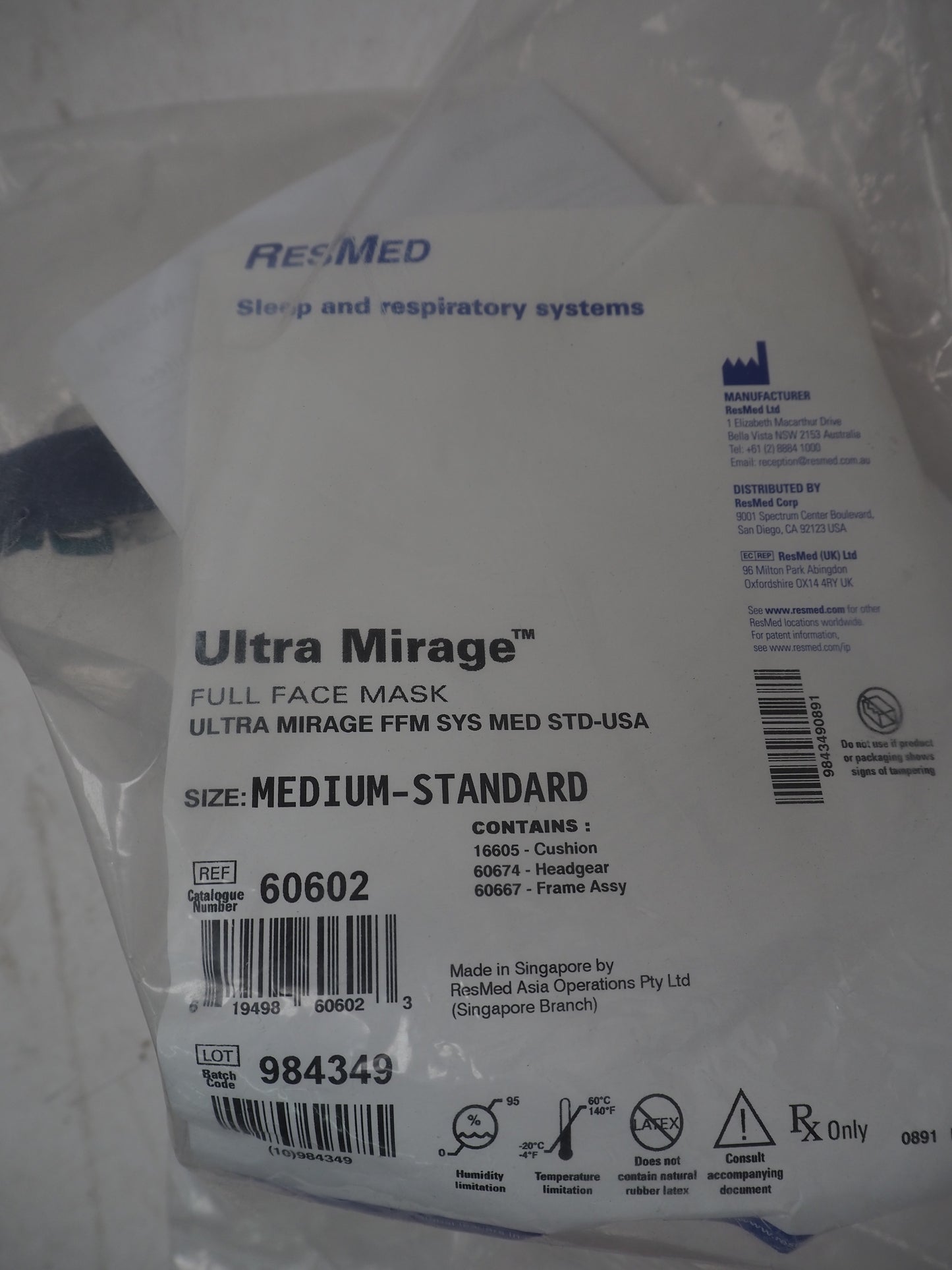 ResMed 60602 Ultra Mirage FFM SYS Medium Standard STD-USA CPAP Full Mask with Headgear - New