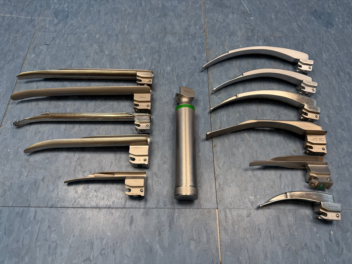Laryngoscope Set with Handle & 10x Miller and Macintosh Blades - Mil 1, Mil 2, Mil 3/S, MIl 4, G-Mil 4, G-Mac 1, Wis 1, Mac 4, G-Mac 4, Mac 4 FO, Mac 5 FOac 5 FO