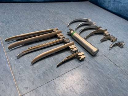 Laryngoscope Set with Handle & 10x Miller and Macintosh Blades - Mil 1, Mil 2, Mil 3/S, MIl 4, G-Mil 4, G-Mac 1, Wis 1, Mac 4, G-Mac 4, Mac 4 FO, Mac 5 FOac 5 FO