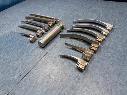 Laryngoscope Set with Handle & 10x Miller and Macintosh Blades - Mil 1, Mil 2, Mil 3/S, MIl 4, G-Mil 4, G-Mac 1, Wis 1, Mac 4, G-Mac 4, Mac 4 FO, Mac 5 FOac 5 FO