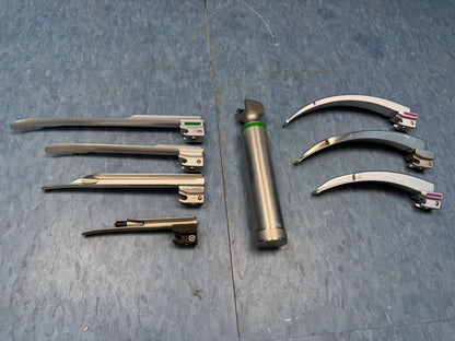 Laryngoscope Set with Handle & 5x Heine Miller and Macintosh Blades - Mil 1, G-Mil 2, Mil 2 FO, Mil 3 FO, Mac 3 FO, Mac 4 FO, G-Mac 4