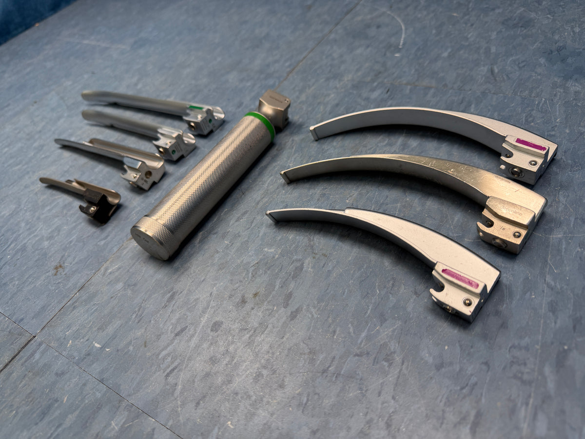 Laryngoscope Set with Handle & 5x Heine Miller and Macintosh Blades - Mil 1, G-Mil 2, Mil 2 FO, Mil 3 FO, Mac 3 FO, Mac 4 FO, G-Mac 4