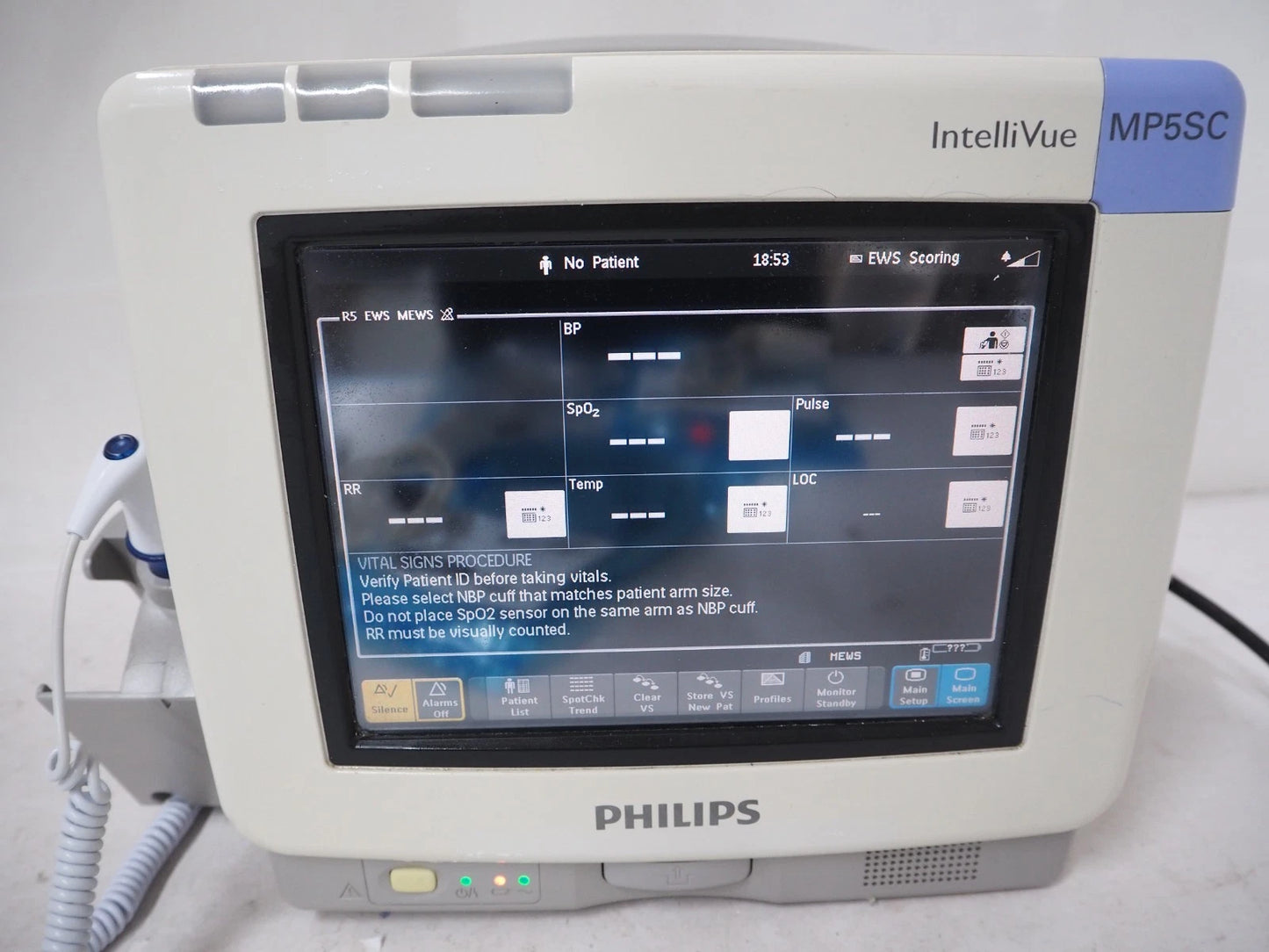 Philips MP5 IntelliVue Vital Signs Monitor with Oral Temp Probe, Masimo SpO2 Sensor, BP Hose and Cuffs - MP5SC